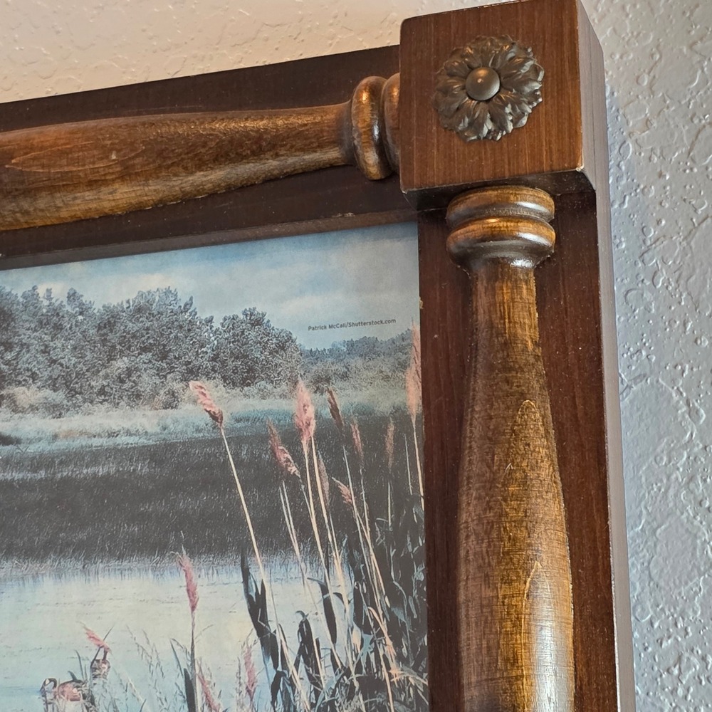 Vintage Rustic Wood Wall Mirror Scenic Duck Nature Print Spindle Frame Rosettes - Picture 8 of 16